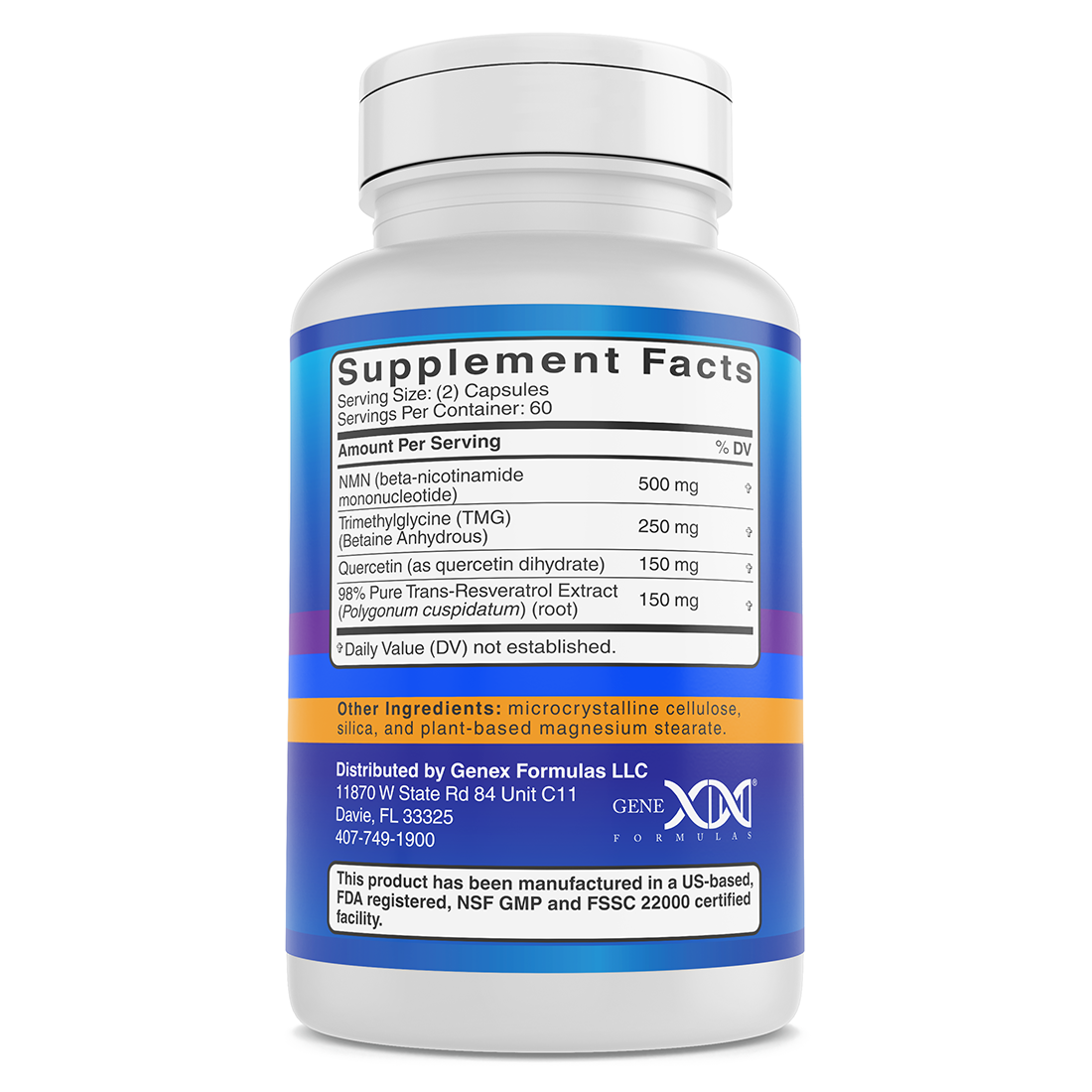 Genex Formulas 4-in-1 NMN 500mg, TMG 250mg, Quercetin 150mg, Resveratrol 150mg Serving