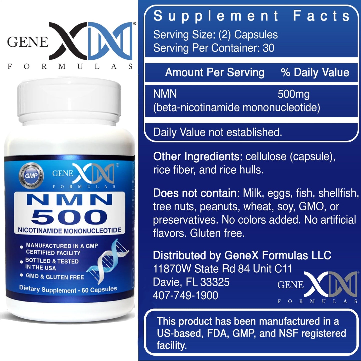 Genex Formulas NMN 500mg Nicotinamide Mononucleotide Supplement (60 Capsules)