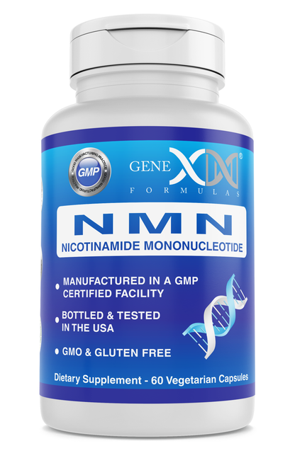 Bottle of Genex NMN 250mg supplement. Manufactured in a GMP Certified facility. Bottled and tested in the USA. GMO and gluten free. 60 capsules per bottle. 